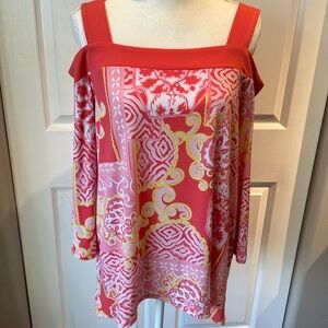 From the JM collection, cold shoulder, blouse, size, medium, and pink and peach